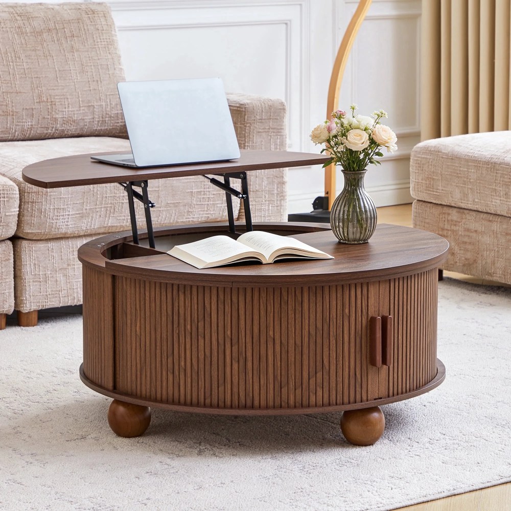 YOCWO Lift Top Coffee Table with Sliding Door and Round Leg,Fluted Round Coffee Table with Hidden Compartments Storage for Living Room,Walnut