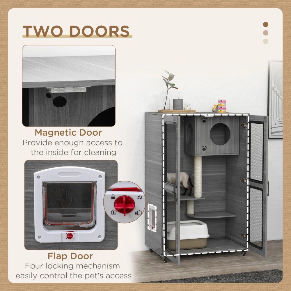 PawHut Cat House with Cat Tree Kitty Cage with Scratching Posts Condo Wheels Flap Door, Gray, 31.5" x 20" x 48.5" - Image 3