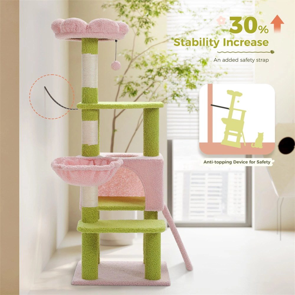 Pefilos 47" Flower Cat Tree Tower for Indoor Cats, Cat Condo with Pink Top Perch for Kittens, Cat Tree House with Sisal Scratching Posts, Pink - Image 5