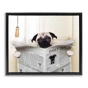 Stupell Industries Pug Reading Newspaper in Bathroom Jet Black Framed Floating Canvas Wall Art, 1620, by In House