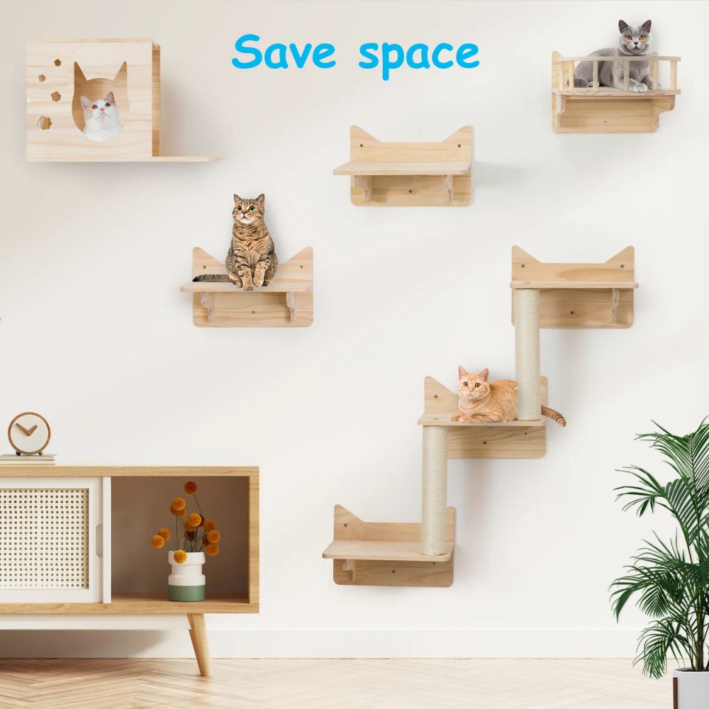 MIUZMORE 9-Piece Wall-Mounted Cat Shelves Set, House, Lookout Tower, 2 Sisal Scratching Posts, 5-Step Cat Wall Ladder, Space-Saving Indoor Furniture - Image 10