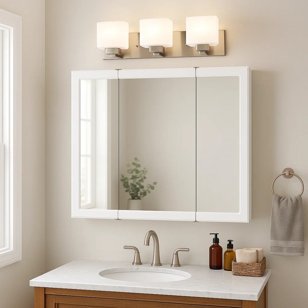 Design House 30" Wood Wall Mounted Mirrored Tri-View Bathroom Medicine Cabinet, White - Image 7