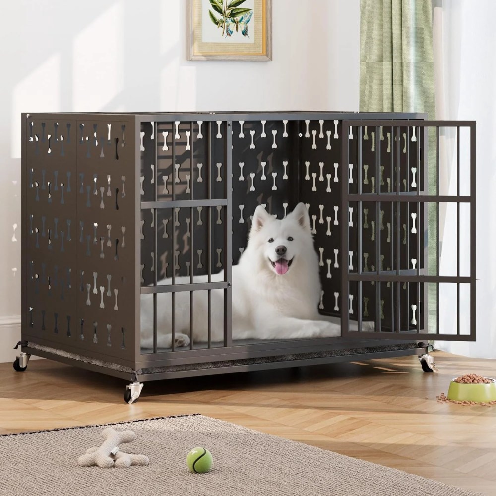 Waleaf 48 inch Heavy Duty Indestructible Dog Crate, Escape Proof Dog Cage with Enclosed Design, High Anxiety Dog Crate for Large Dogs, Lockable Wheels and Removable Trays, Large - Image 2