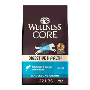 Wellness CORE Digestive Health Adult Dry Dog Food,  Wholesome Grain Kibble,  Sensitive Stomach,  Natural,  High Protein,  Chicken Free,  Whitefish and Brown Rice Recipe,  22 lb Bag