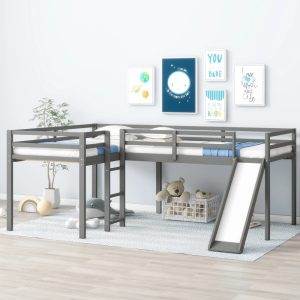 Euroco Twin L-Shaped Low Loft Bed with Movable Two-Tier Shelves for Kids Teens, Gray