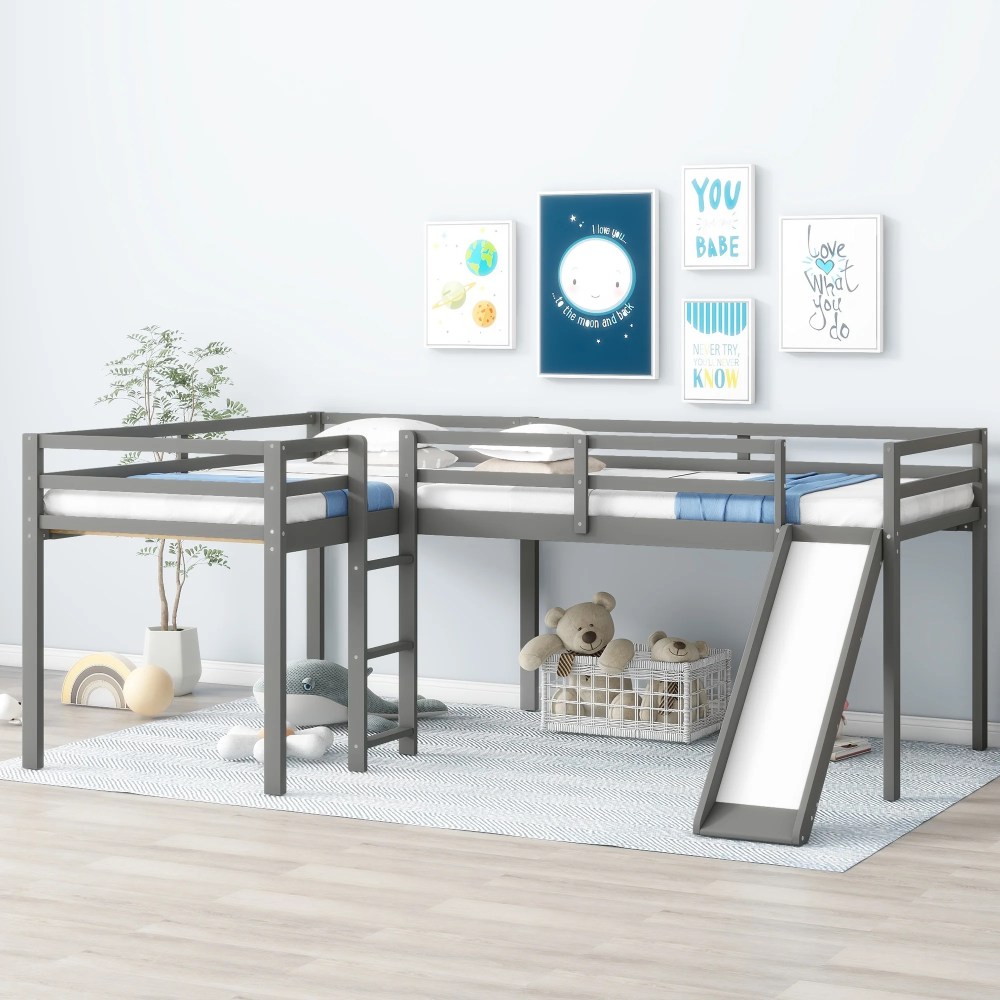 Euroco Twin L-Shaped Low Loft Bed with Movable Two-Tier Shelves for Kids Teens, Gray