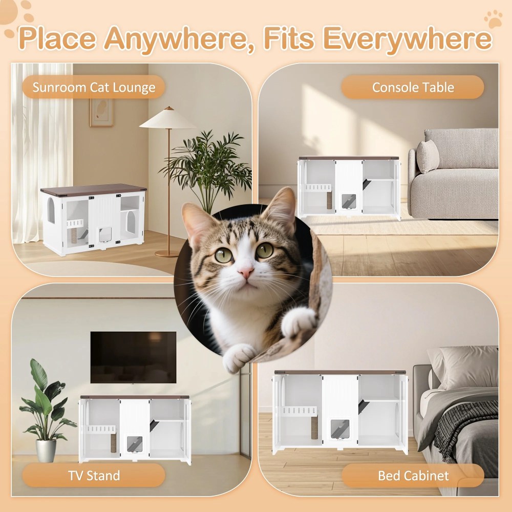 47.25" Large Cat Litter Box Enclosure with LED Light, Hidden Litter Box Furniture with Stairs and Scratching Post, Smart Locking Doors, Cat Cabinet Side Table for Living Room, White - Image 6