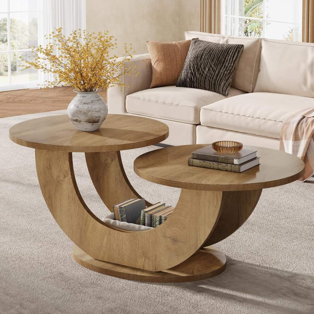 2-Tier Round Coffee Table,Farmhouse Living Room Coffee Table with U-Shaped Frame