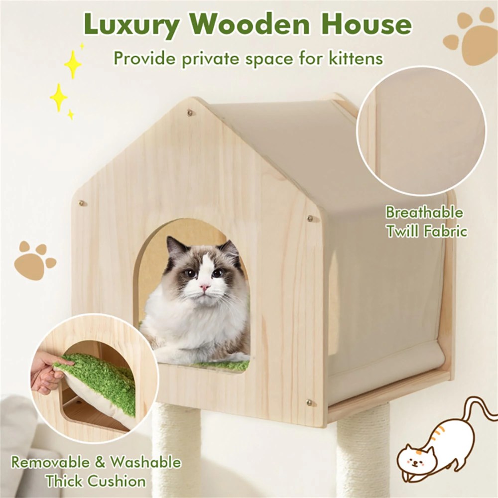 Pefilos 55" Cat Tree Condo for Multiple Cats Furniture Cat Tree House for Outdoor Cat Tower for Indoor Cats Large Pet Club, Beige - Image 3