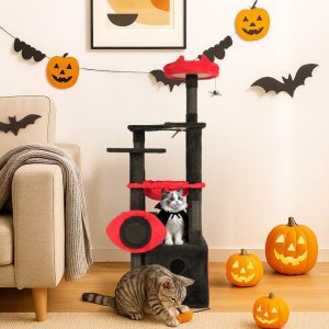 Zimtown 5-Layer Halloween Cat Tree with Scratching Post,  Plush Cave Bed & Glow Eyes,  Black & Red
