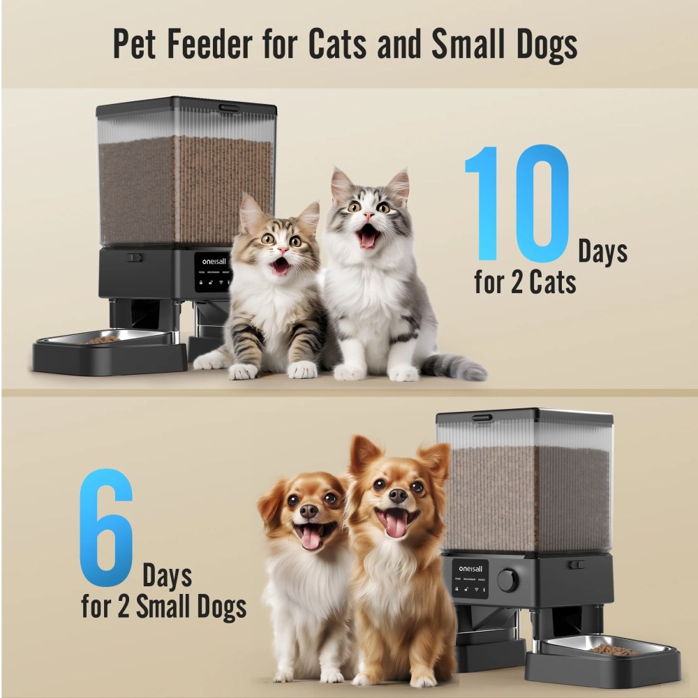 Oneisall 5L/20 Cups Automatic Cat Feeder with 5G WiFi & APP Control, PFD-002 PRO Double Bowl Cat Food Dispenser with 1 Desiccant Bag, Timed Automatic Pet Feeder for 2 Cats/2 Small Dogs - Black - Image 4