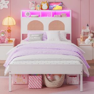 Yoneston Twin Bed with Wood Rattan Storage LED Light Headboard,Metal Platform Bed Frame with Charging Station for Kids Teens,White