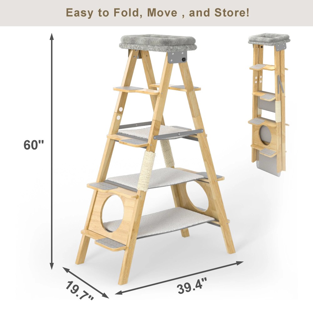 GDLF Modern Solid Wood Cat Tree Foldable Ladder Design with Cat Hammock & Sisal Scratch Post Easy Clean 60"H - Image 7