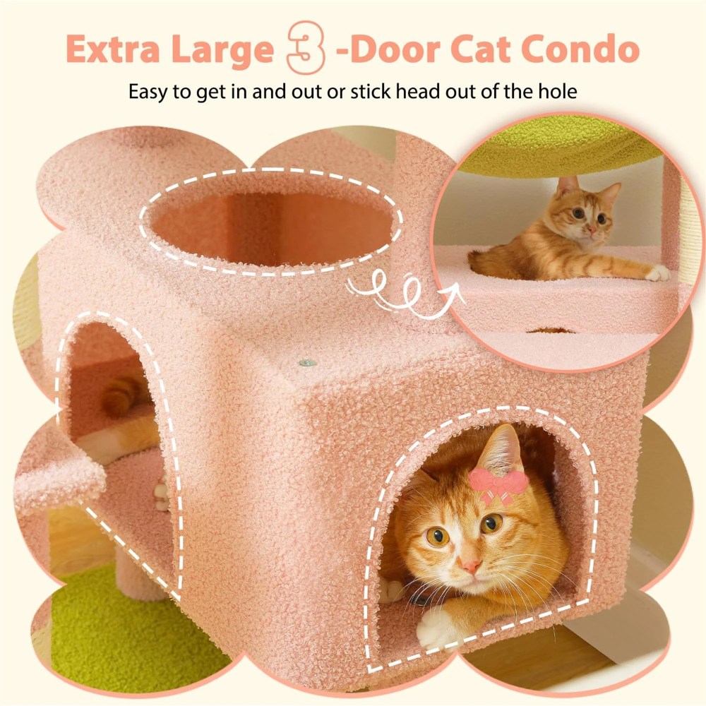 Pefilos 72" Cat Tree Tower for Large Cats, Indoor Cat Condo with Sisal-Covered Scratching Posts and Pads, 2 Padded Perch, Pink - Image 2