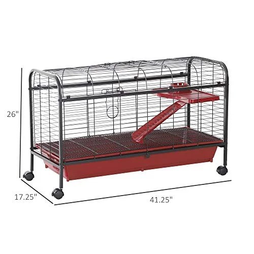 Pawhut Metal Wire Small Animal Pet Cage with Wheels, Red & Black, 42" - Image 7