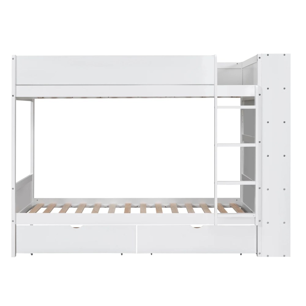 Euroco Pine Wood Twin over Twin Bunk Bed, Storage Bed with Cabinets and Shelves for Kids Teens, Sapce-Saving Design, White - Image 3