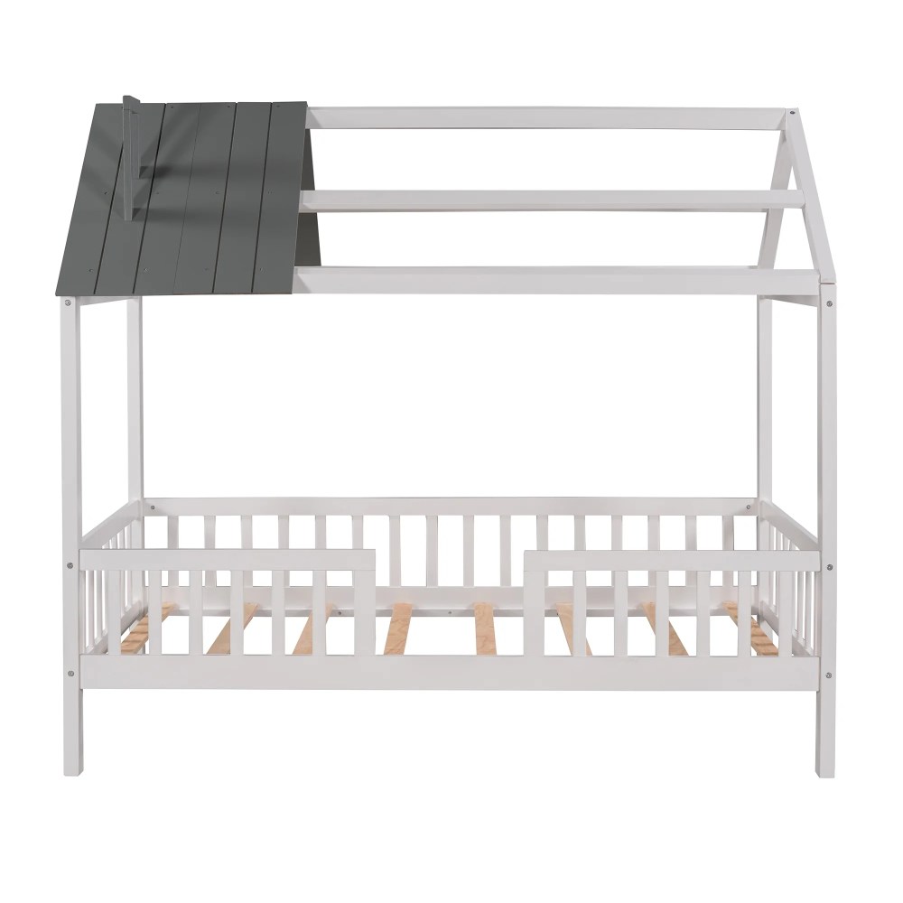 Aukfa Twin House Bed with Fence and Roof, Wood Montessori Bed for Kids, Teens - White/Gray - Image 3