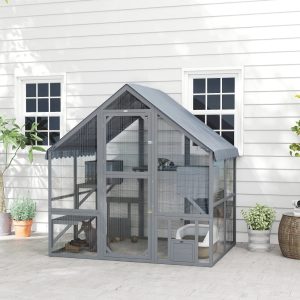 PawHut Large Catio Outdoor Cat Enclosure,  Wooden Cat House for Multiple Cats,  with Waterproof Cover,  2 Condos,  4 Platforms,  Bridge,  Doors,  Gray
