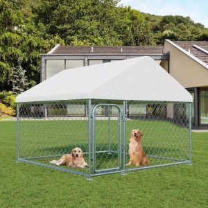 SELOOYE Outdoor Large Dog Kennel 6.6 x 6.6 FT,  Heavy Duty Dog Enclosure with UV & Rain-Proof Fully Covered Roof,  Rustproof Metal Mesh,  Double Security Locks