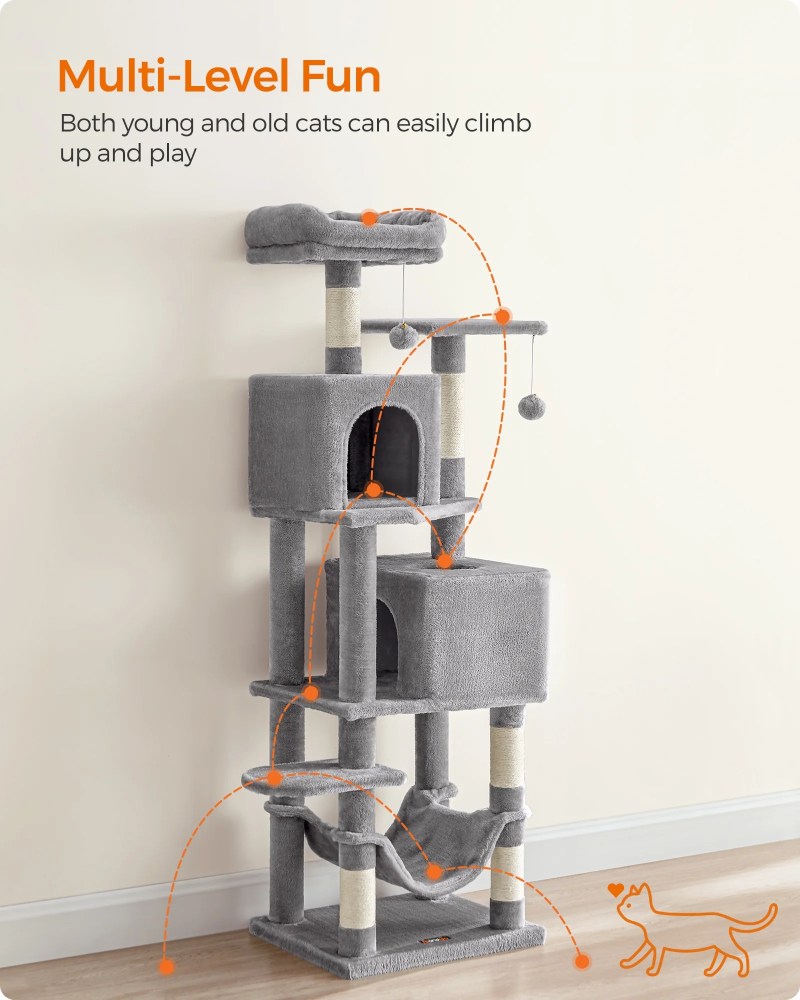 61"H Cat Tree Cat Tower for Indoor Cats, Plush Multi-Level Cat Condo with Scratching Posts, Perches, Caves, Hammock, Light Gray - Image 4