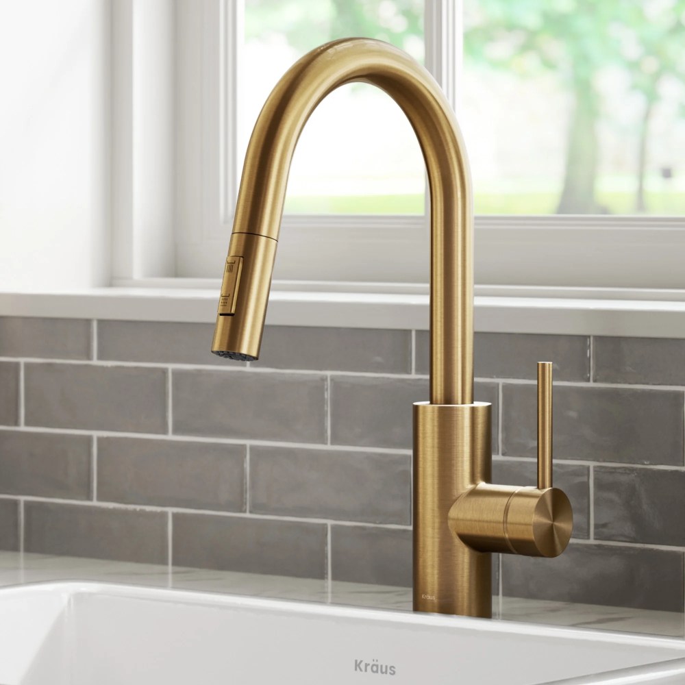 KRAUS Oletto Single Handle Pull Down Kitchen Faucet with QuickDock Top Mount Installation Assembly in Spot-Free Brushed Brass - Image 2