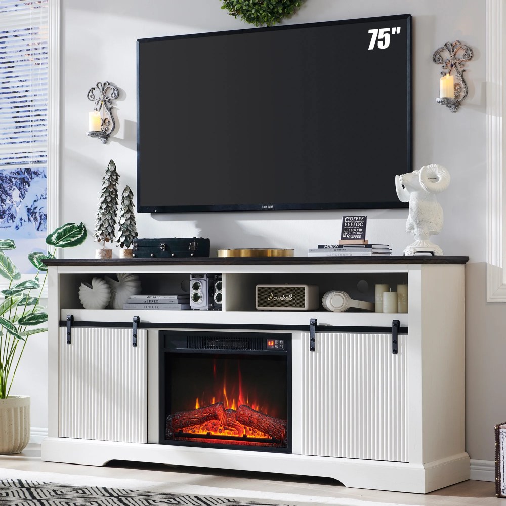 wow97e Fluted Fireplace TV Stand for TVs Up to 75 Inch with 23" Electric Fireplace,Modern Entertainment Center w/Waveform Panel Sliding Door & Adjustable Shelves for Living Room