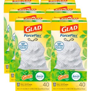 (6 pack) Glad ForceFlex Tall Kitchen Drawstring Trash Bags,13 Gal,Gain Original with Febreze,40 Ct
