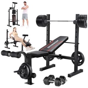 8 in 1 Weight Set,  Adjustable Press with Squat Rack Leg Extension & Leg Foldable Workout with Safety Bar Catches Standard Weight Training Benches for Home Gym