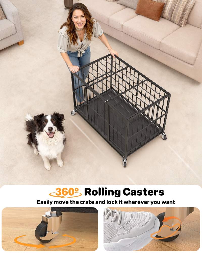Time Ray 38 inch Dog Crate for Medium Dog with Steel Escape Proof, Heavy Duty Indestructible Dog Kennel with Double Doors, Lockable Wheels and Removable Tray, Black - Image 10
