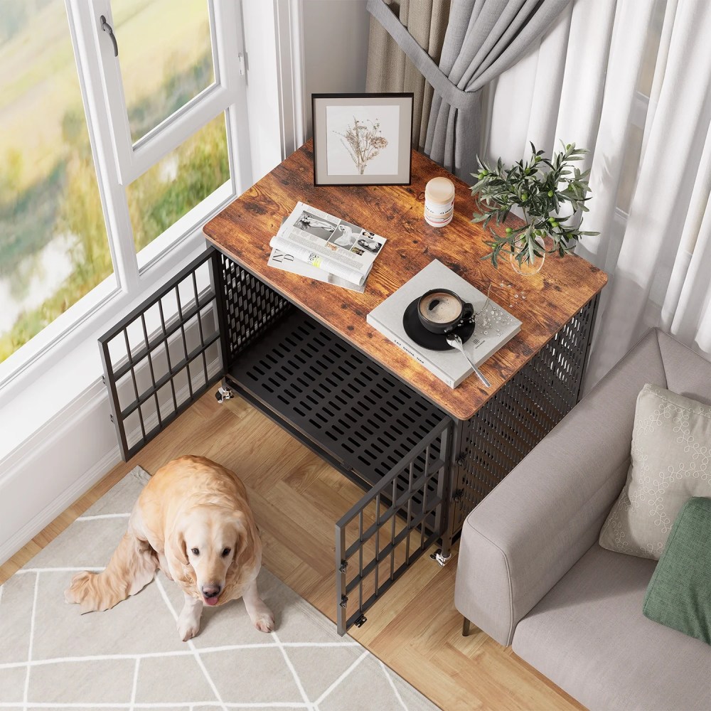 Winkalon 42 Inch Large Dog Crate Rustic Style Furniture Dog Cage Crate with 3 Doors and 4 Wheels Heavy-Duty Kennel, Brown - Image 2