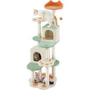 Alden Design 65" Tall Cat Tree Paw-Shaped Play Tower for Small/Medium Cats,  Beige