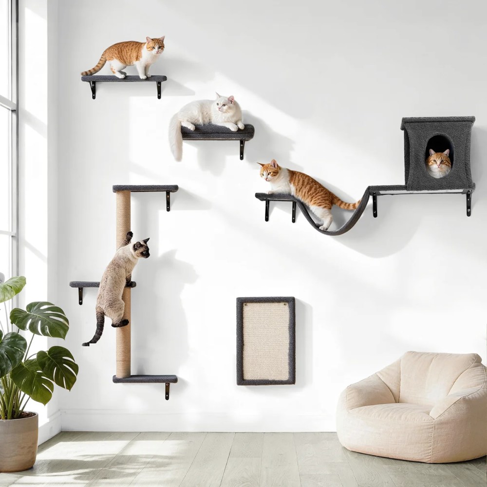 Cat Wall Shelves Perches Set, DOMIPET 5 in 1 Wall Furniture, Sleeping Playing Lounging Climbing Wall-mounted Cat Tree House for Multiple Cats - Image 4