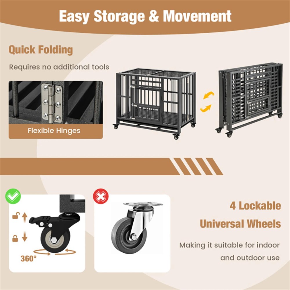 Pefilos 37" Foldable Heavy Duty Dog Cage, Metal Escape Proof Kennel, Chew-proof Dog Crates for Medium Dogs with Tray, Black - Image 5
