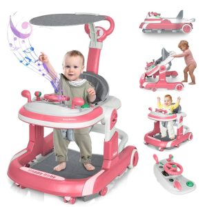 AJONALAA 4-in-1 Musical Infant Baby Walker with Wheels, Push Walker for Girls Boys, Red