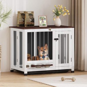 Dog Crate Furniture, 31.5" Dog Kennel Indoor Foldable and Portable, Sturdy Wooden Dog Crate End Table Easy Assembly with 360'Rotating Feeder and Detachable Tray for Small Dogs, Medium Dogs