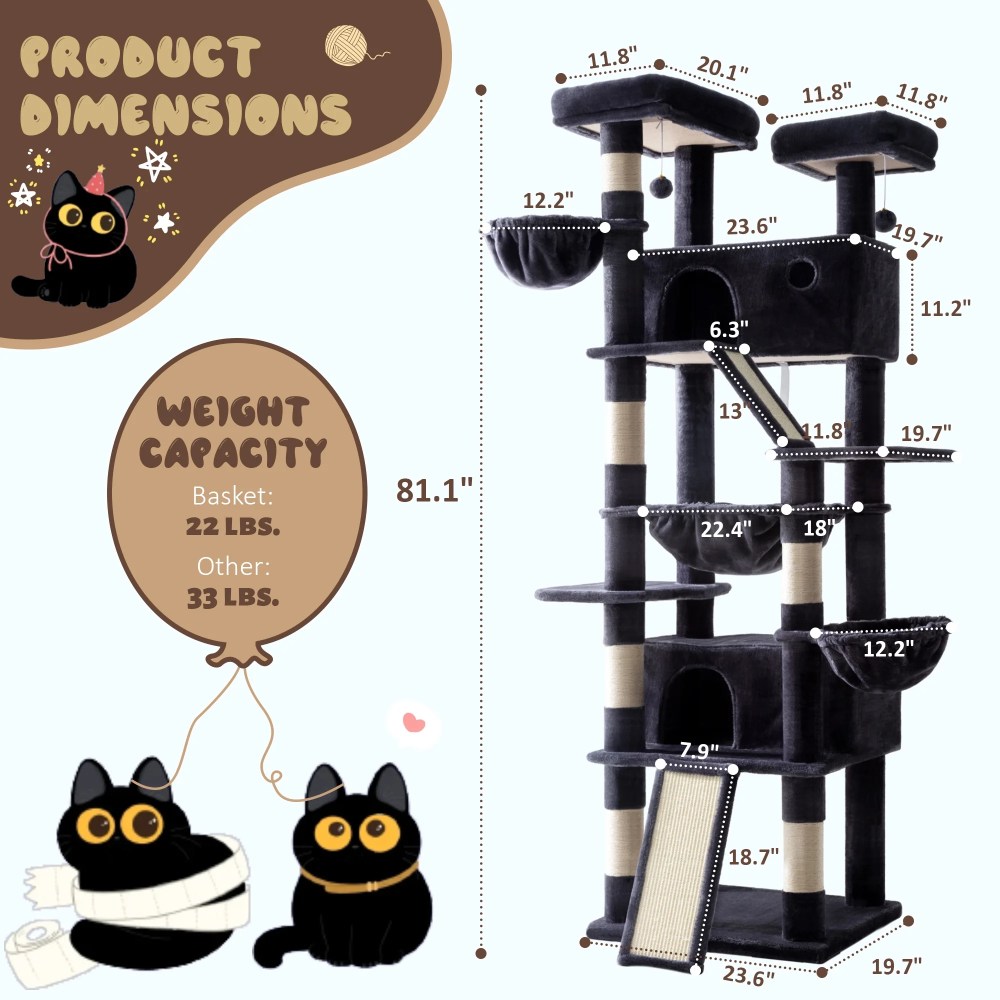 Amolife 81" Large Cat Tree Tower for Large Cats with Cat Condo Hammock, 2 Scratching Ramps, 6 Scratching Posts, Blue - Image 3