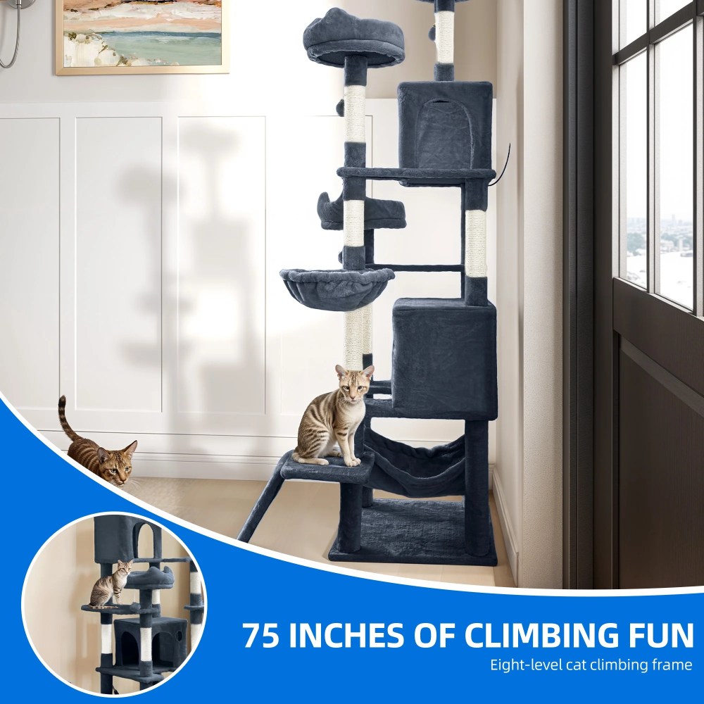 Uforic 75"Large Cat Tree Tower Multi Level Play Tower Condo with Sisal Ramp, Scratching Posts & Cozy Basket Hammocks, Dark Gray - Image 8
