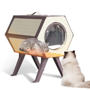 Aivituvin Outdoor Heated Cat House with Heated Pad,  Insulated Feral Cat Shelter House & Condo for Winter Weatherproof,  Brown & White,  1 Set