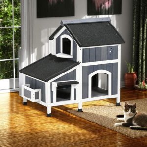 Pefilos 39" Outdoor Feral Cat House Indoor Kitty Shelter with Escape Door for Cats Insulated,  Weatherproof Roof Cat Condo,  Gray