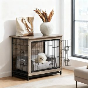 LEDREM Dog Crate Furniture,  27.2-Inch Indoor Dog Kennel with Double Doors,  Removable Tray,  Side Table,  for Small Dogs up to 30 lb,  Greige