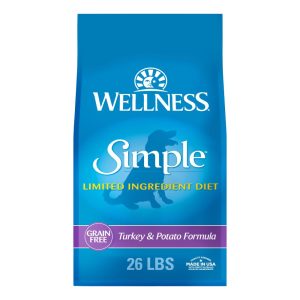 Wellness Simple Limited Ingredient Adult Dry Dog Food,  Grain Free Kibble,  Sensitive Stomach,  Skin & Coat Support,  Natural,  Chicken Free,  Turkey and Potato Recipe,  26 lb Bag