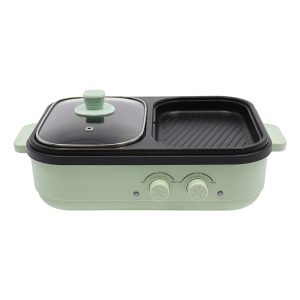 1300W Hot Pot Electric with Grill,1L, 0.2L 2 in 1 Indoor Non-Stick Electric Pot and Griddle for Korean BBQ,Steaks,Shabu Shabu, Independent Dual Temperature Control,Fast Heating,Green