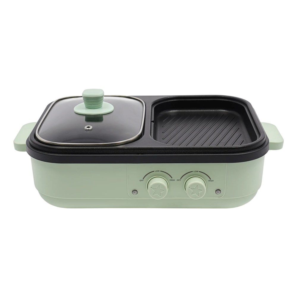 1300W Hot Pot Electric with Grill,1L, 0.2L 2 in 1 Indoor Non-Stick Electric Pot and Griddle for Korean BBQ,Steaks,Shabu Shabu, Independent Dual Temperature Control,Fast Heating,Green