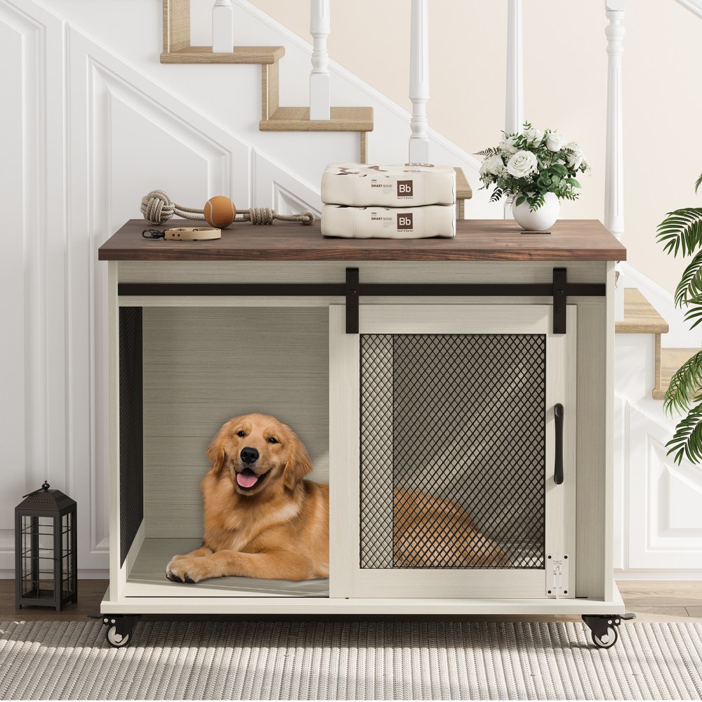 37" Stress-Free Dog Crate with Dual Access Sliding Barn Door & Flip Top Design Creates a Cozy Den for Your Pet - Image 28