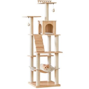 MWPO Modern Cat Tree - 64 inch Cat Tower for Indoor Cats,  Multi-Level Cat Condo with 7 Fully Wrapped Scratching Posts,  2 Perches,  Hammock,  Removable Pad & Dangling Balls-Light Brown