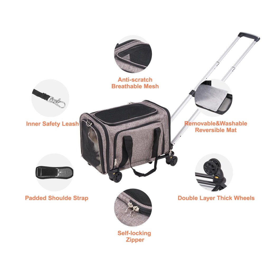 VEVOR Cat Carrier with Wheels Airline Approved Rolling Pet Carrier 25 lbs Grey for Cat Dog Small Medium Animals Kitten Puppy - Image 8