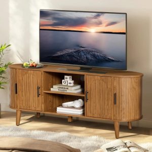 51" Fluted TV Stand,Mid-Century Entertainment Center for 60" TVs with Drawers & Sliding Doors,Curved Media Console