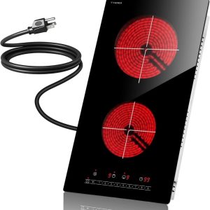 2 Burner Electric Cooktop 110v Plug in,Portable 2000W Infrared Cooktop Double Burner 12in Ceramic Glass Stove Top Burner,Built In or Countertop for Indoor Outdoor Cooking