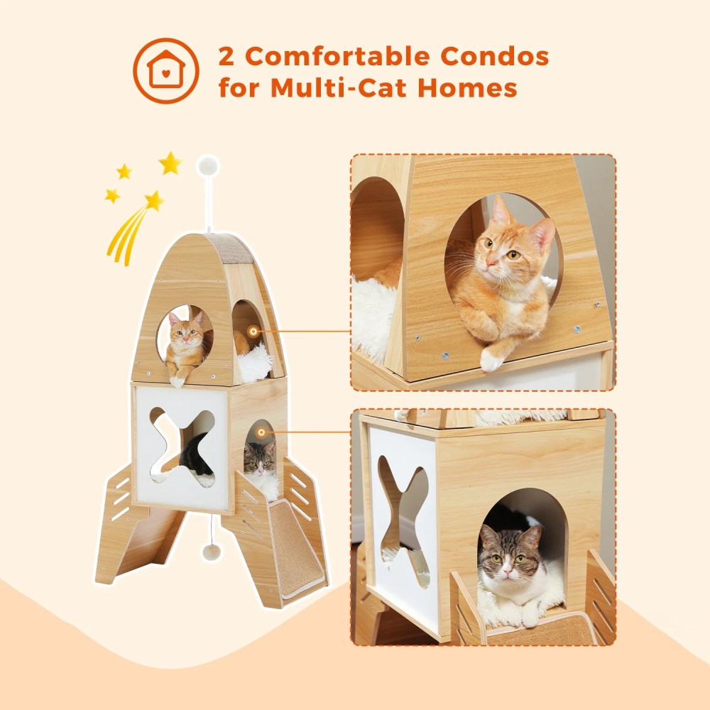 Pefilos 43" Modern Cat Tree Tower Rocket Shape, Multilevel Cat Condo for Large Cats, Cat Tower for Big and Fat Spacious, Beige - Image 6