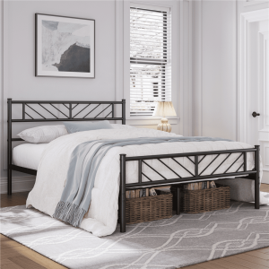 Yaheetech Metal Platform Bed with Arrow Design Headboard and Footboard,Queen,Black